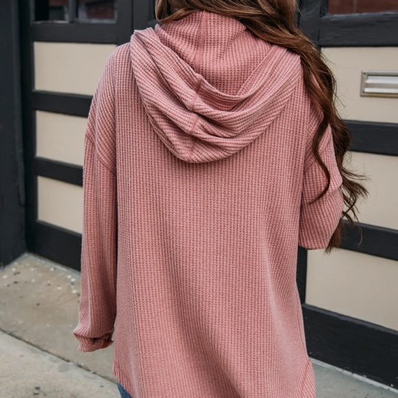 NWT Very J Mauve Thermal Waffle Knit Button Down Shacket Jacket Hoodie Hoody - Picture 6 of 11